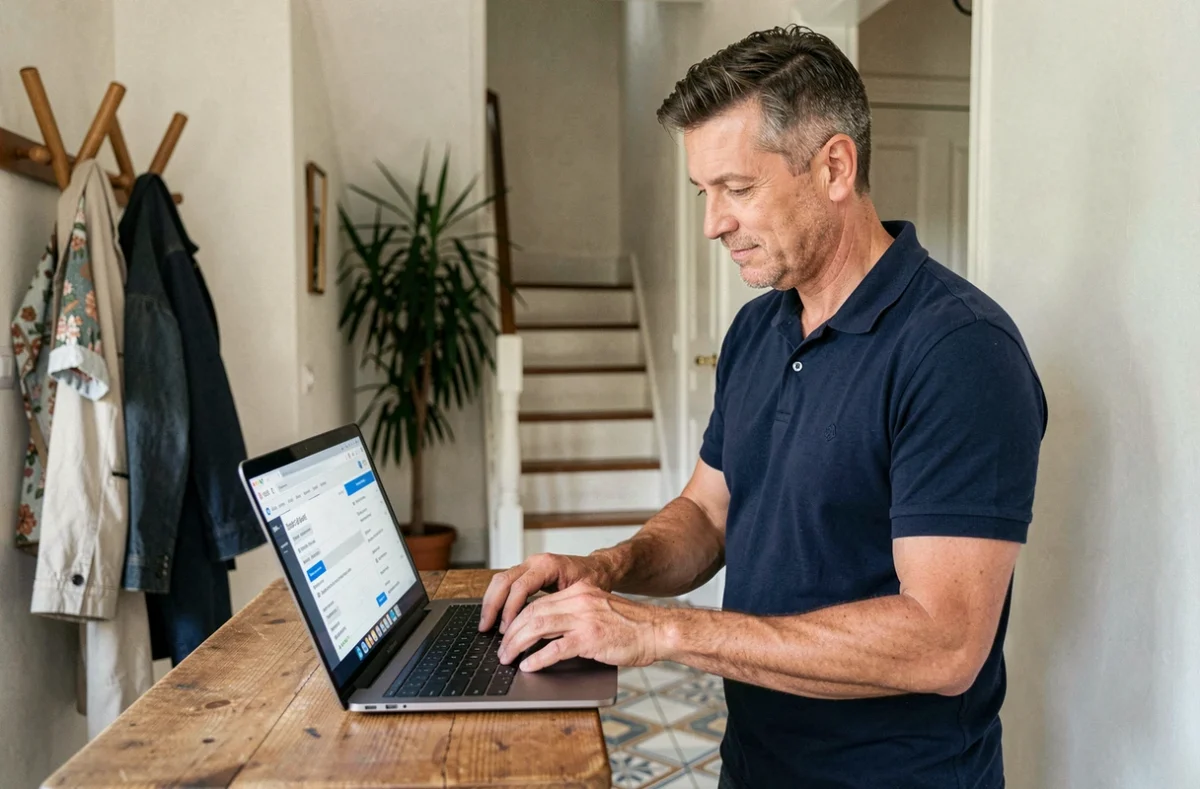 Homme comparant des offres d'assurance habitation pas cher sur un ordinateur portable dans son couloir