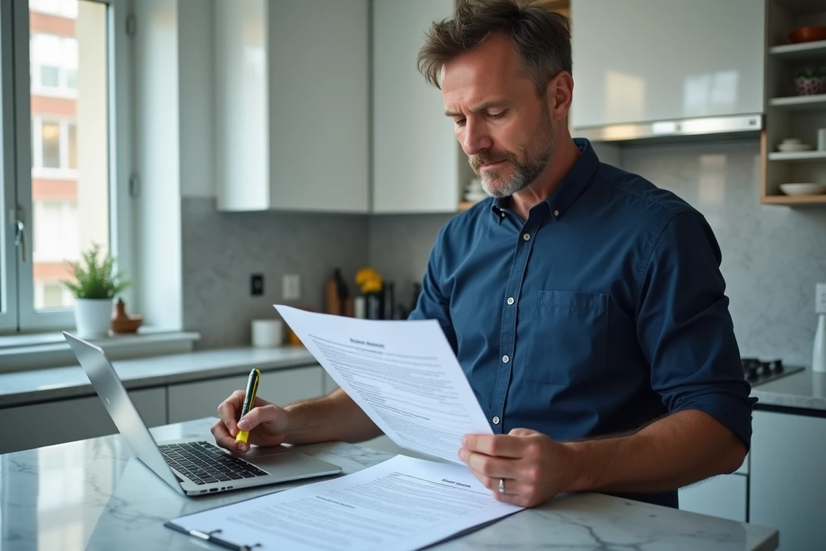 Homme consultant un contrat de bail et un modèle de lettre de résiliation sur ordinateur portable