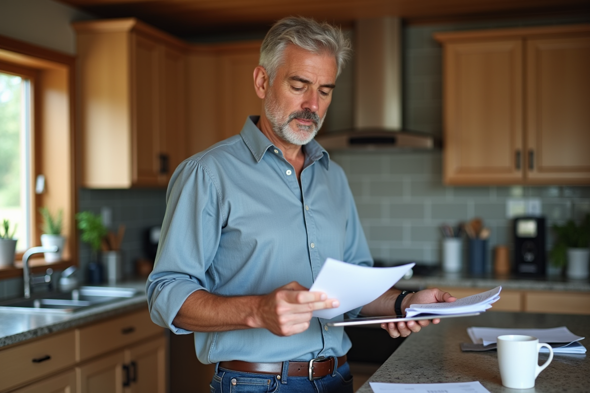 Homme en chemise vérifiant des papiers dans une cuisine lumineuse