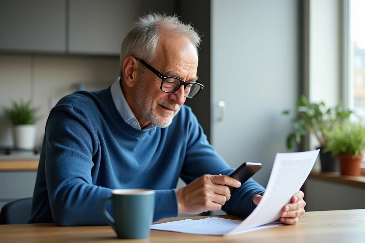 Homme âgé utilisant son smartphone dans la cuisine