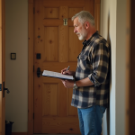 Homme d'âge moyen inspectant une porte endommagée