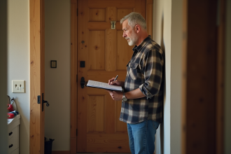 Homme d'âge moyen inspectant une porte endommagée