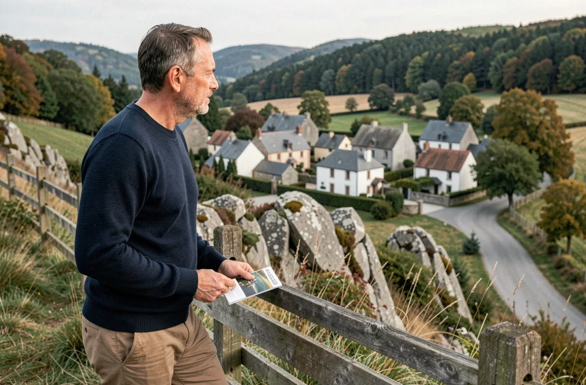 Homme observant un village typique de la Creuse depuis un point de vue en hauteur lors d'une recherche de location