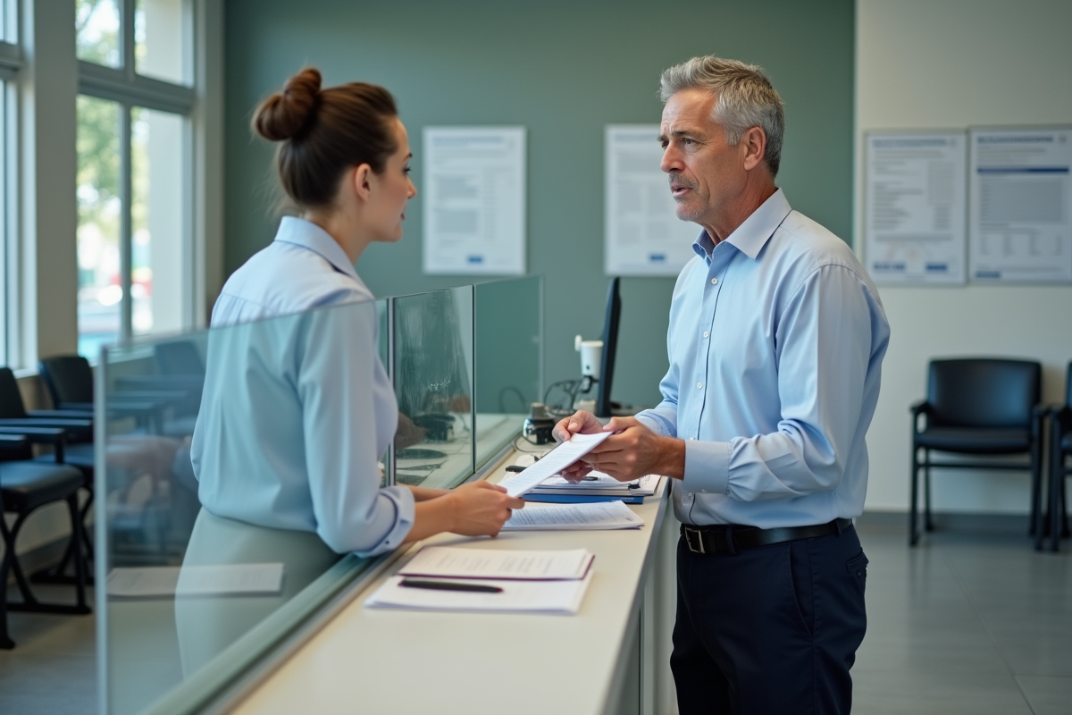 Homme présentant un dossier à un agent administratif en France