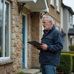 Homme en workwear examine la façade d'une maison ancienne