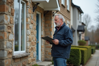 Homme en workwear examine la façade d'une maison ancienne