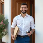 Homme marocain souriant avec clés et dossier devant porte moderne