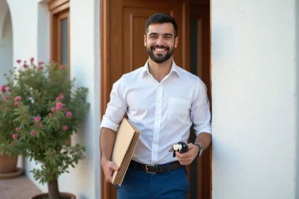 Homme marocain souriant avec clés et dossier devant porte moderne