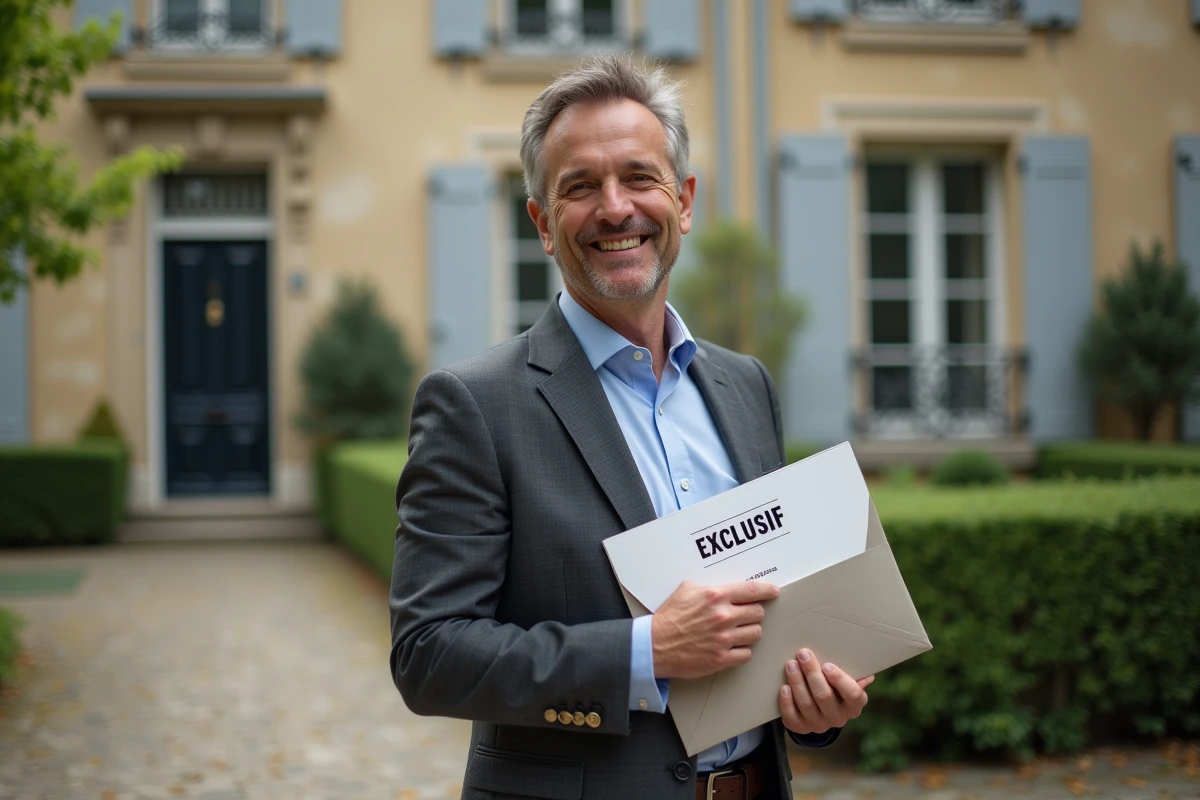 Homme souriant tenant une pancarte immobilière devant une maison