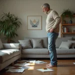 Homme d'âge moyen dans un salon inondé regarde le sofa mouillé