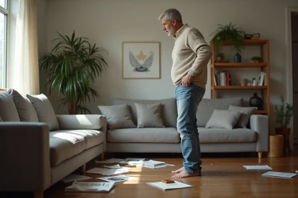 Homme d'âge moyen dans un salon inondé regarde le sofa mouillé