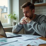 Homme inquiet face à des documents financiers et un prêt immobilier PTZ à rembourser en difficulté