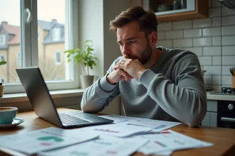 Homme inquiet face à des documents financiers et un prêt immobilier PTZ à rembourser en difficulté