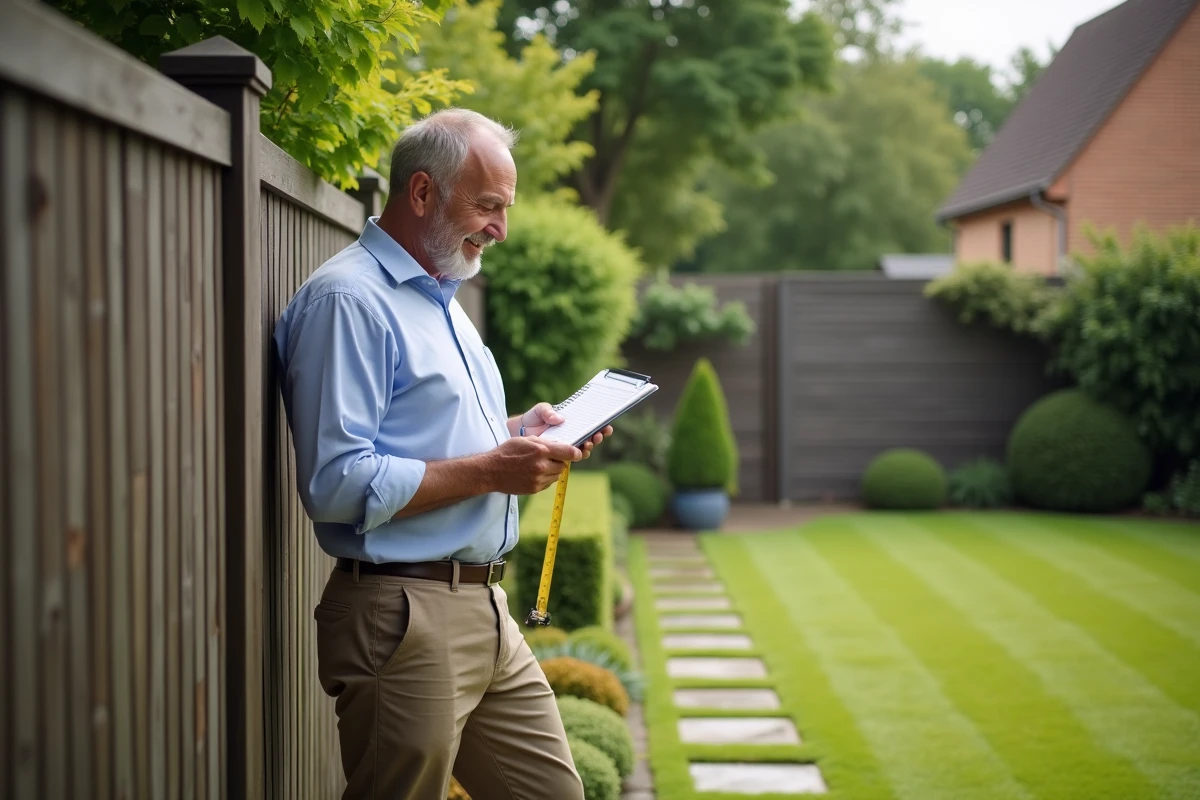 Homme mesurant dans son jardin avec un carnet
