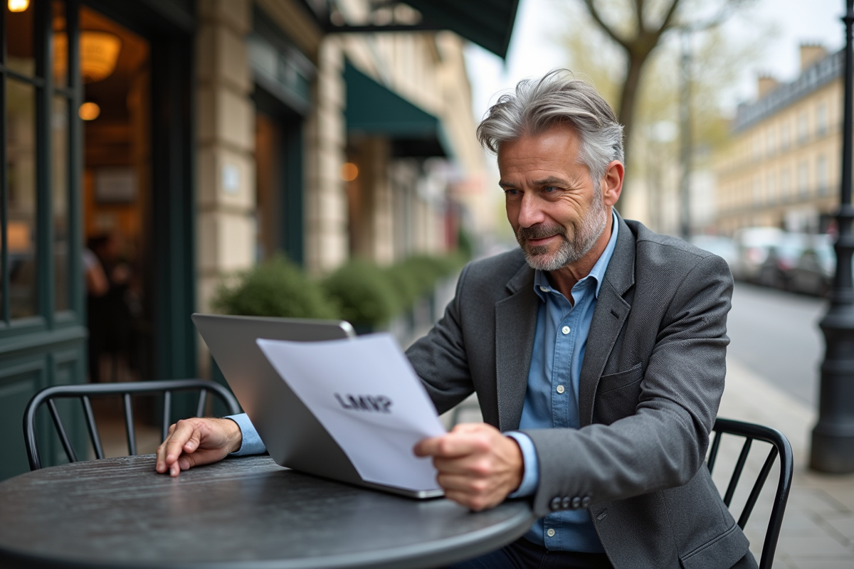 Homme d age moyen utilisant un ordinateur portable en terrasse