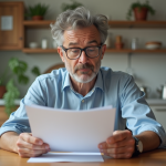 Homme d'âge moyen lisant des documents d'assurance habitation