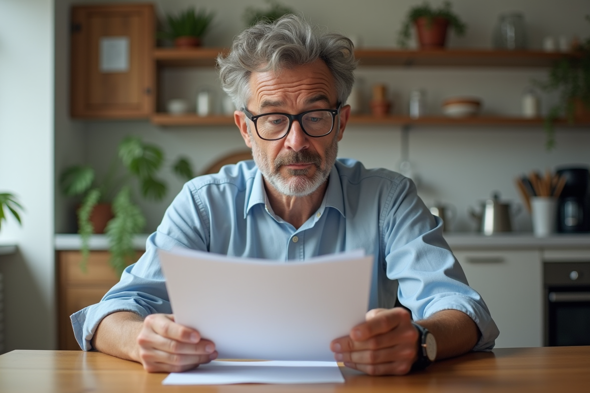 Homme d'âge moyen lisant des documents d'assurance habitation