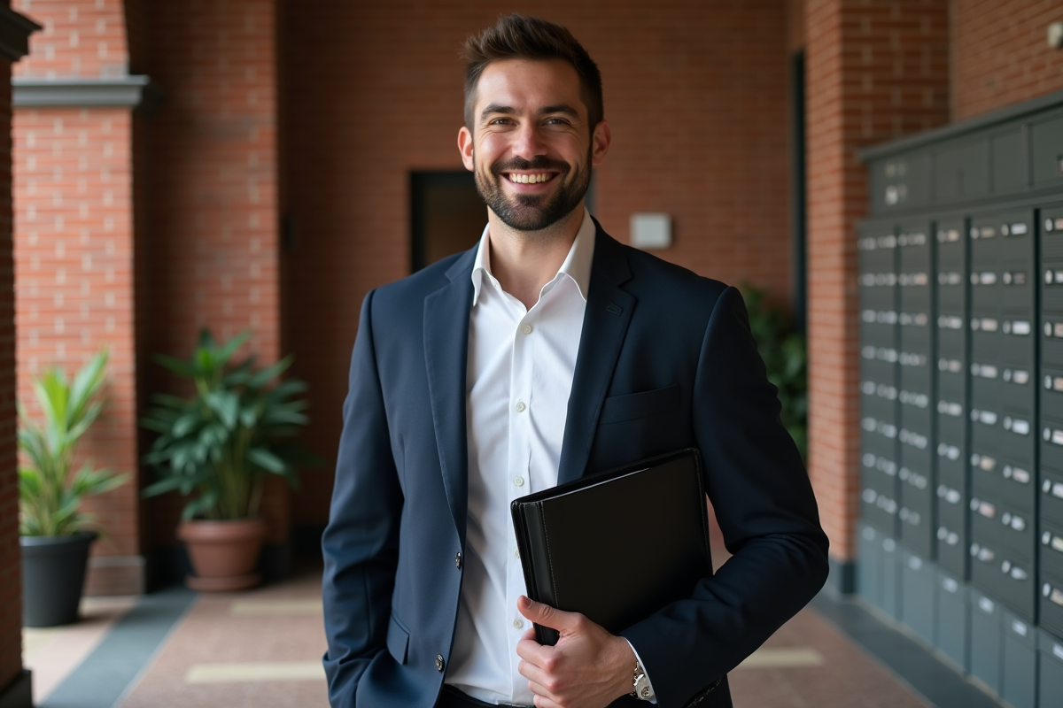 Homme souriant dans un lobby d appartement renové