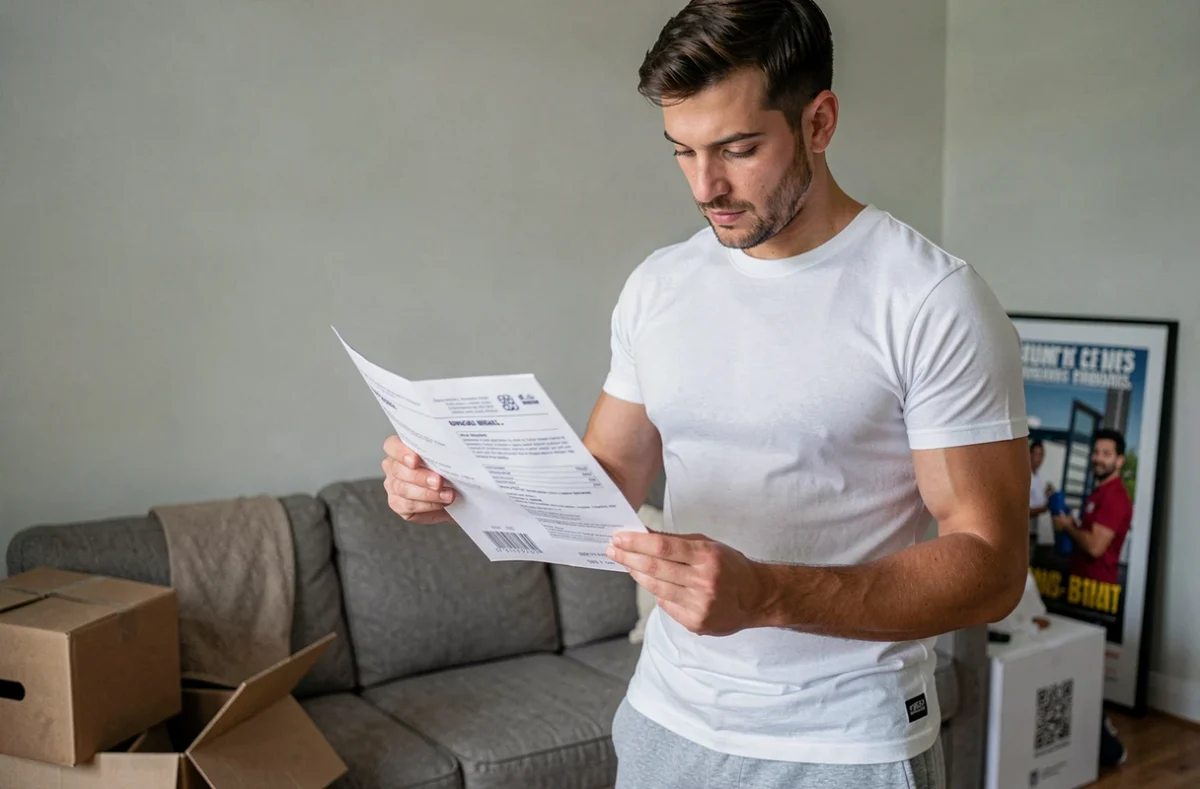 Jeune homme locataire tenant une enveloppe de contrat d'assurance dans son appartement en cours d'emménagement