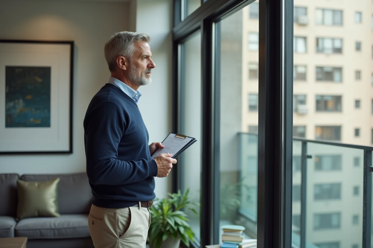 Homme pensif regardant par la fenêtre d