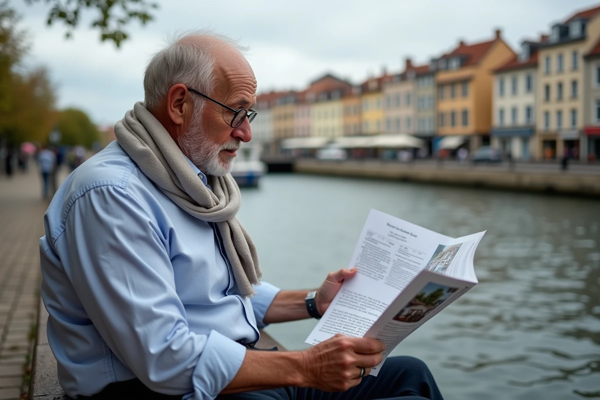 Homme âgé lisant une brochure immobilière au bord de la Nive