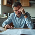 Homme stressé examinant des fiches de paie et documents de saisie sur salaire pour loyers impayés à une table de cuisine
