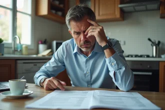 Homme stressé examinant des fiches de paie et documents de saisie sur salaire pour loyers impayés à une table de cuisine
