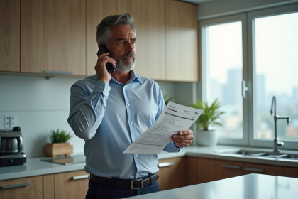 Homme d'âge moyen au téléphone avec facture d'électricité