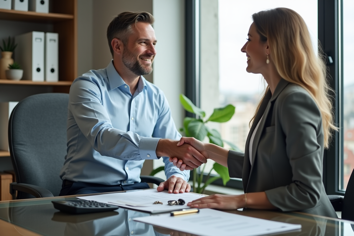 Homme et femme se serrant la main en agence immobiliere