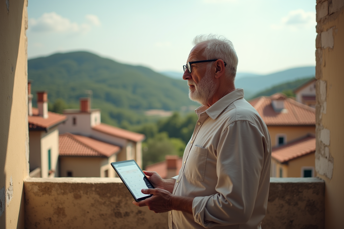 Homme âgé regarde un village européen depuis un balcon