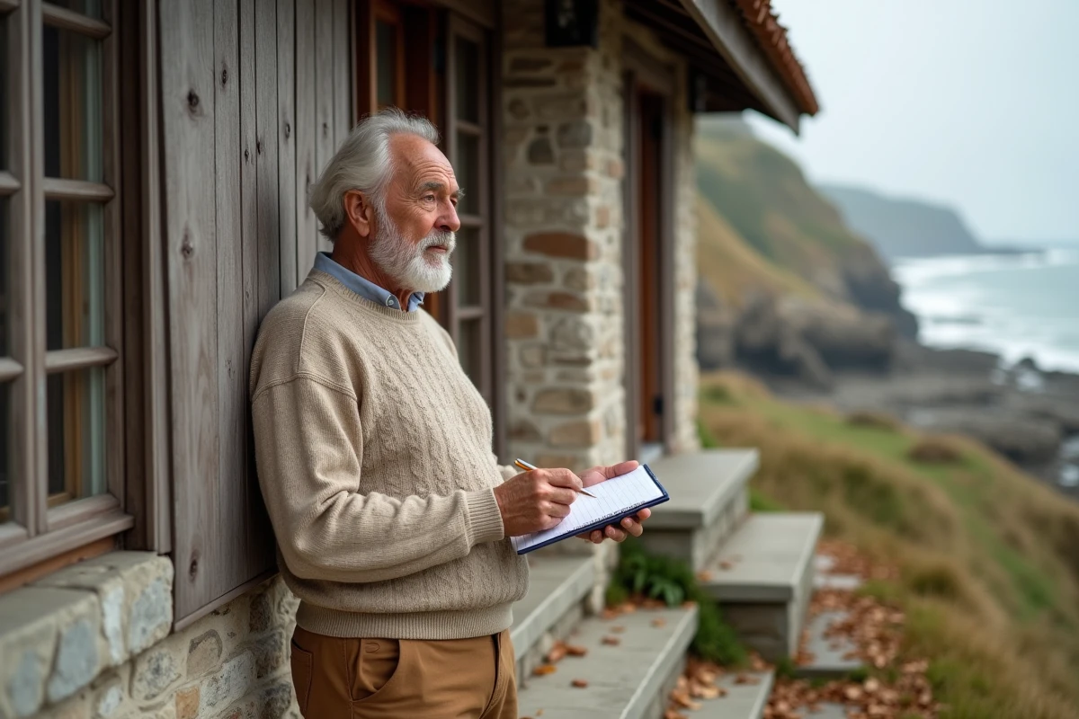 Homme inspectant facade maison normande en extérieur