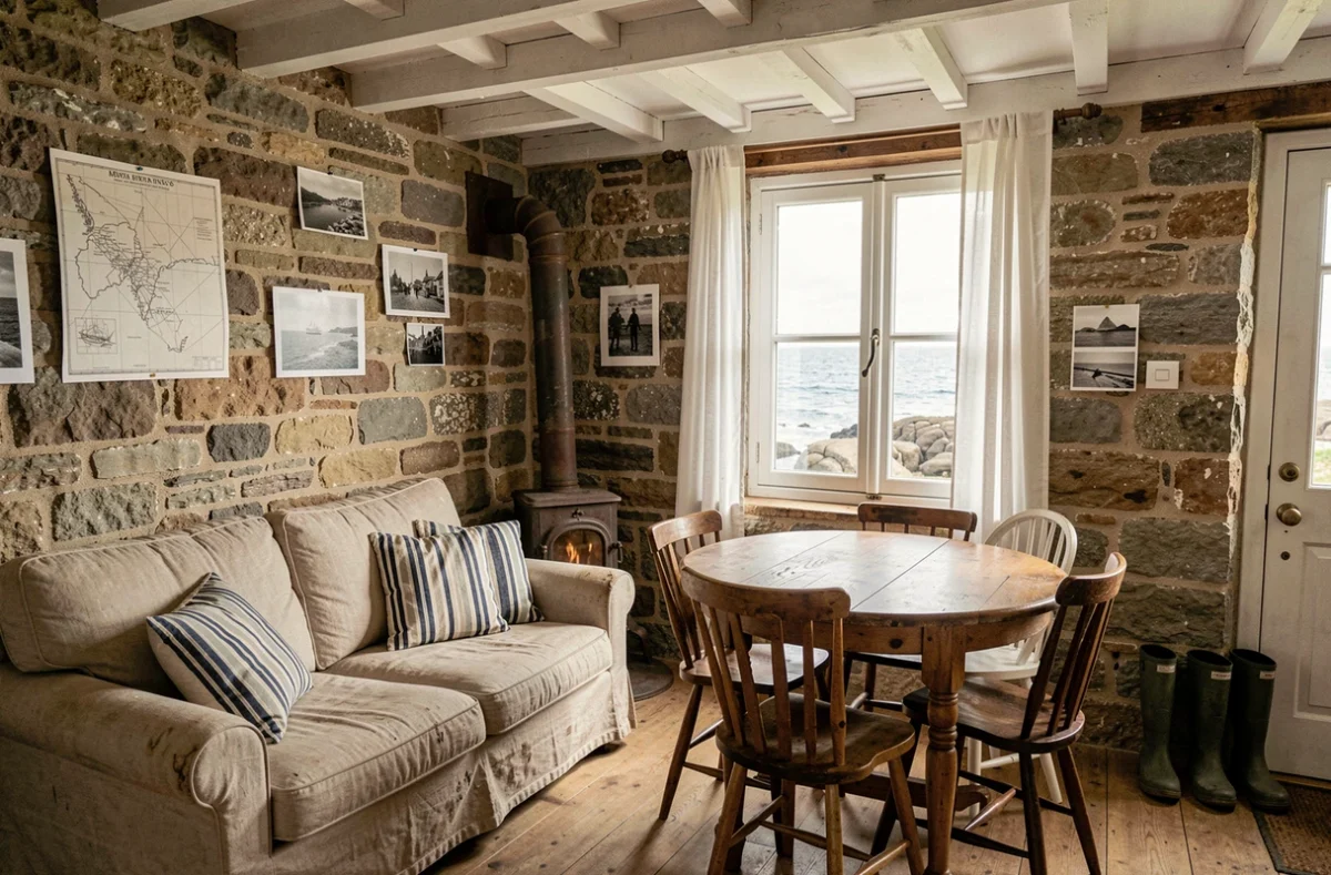 Intérieur d'une petite maison de pêcheur bretonne avec vue sur la mer et murs en pierre apparente