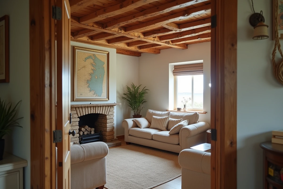 Intérieur rénové d'une maison de pêcheur avec poutres apparentes, cheminée en pierre et décoration nautique pour la location saisonnière
