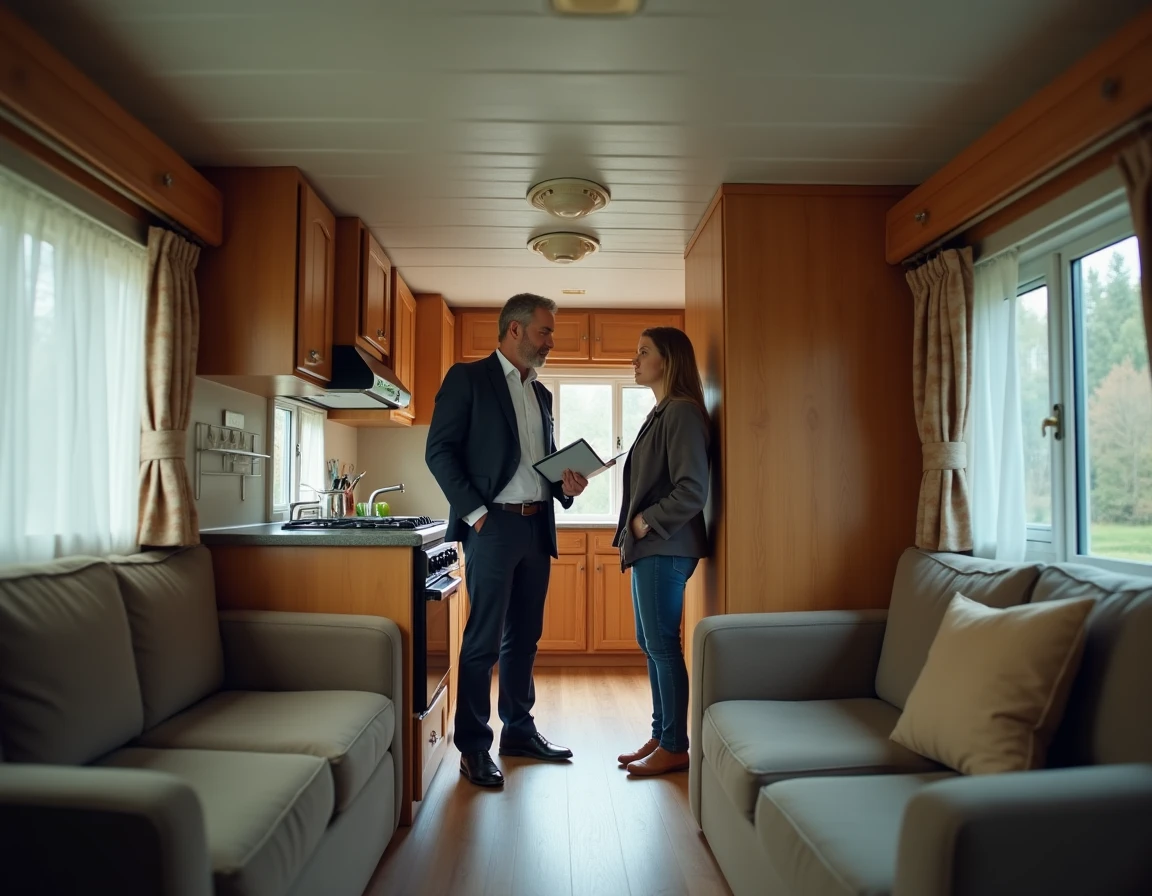 Agent immobilier présentant l'intérieur d'un mobil-home d'occasion à une acheteuse dans un camping