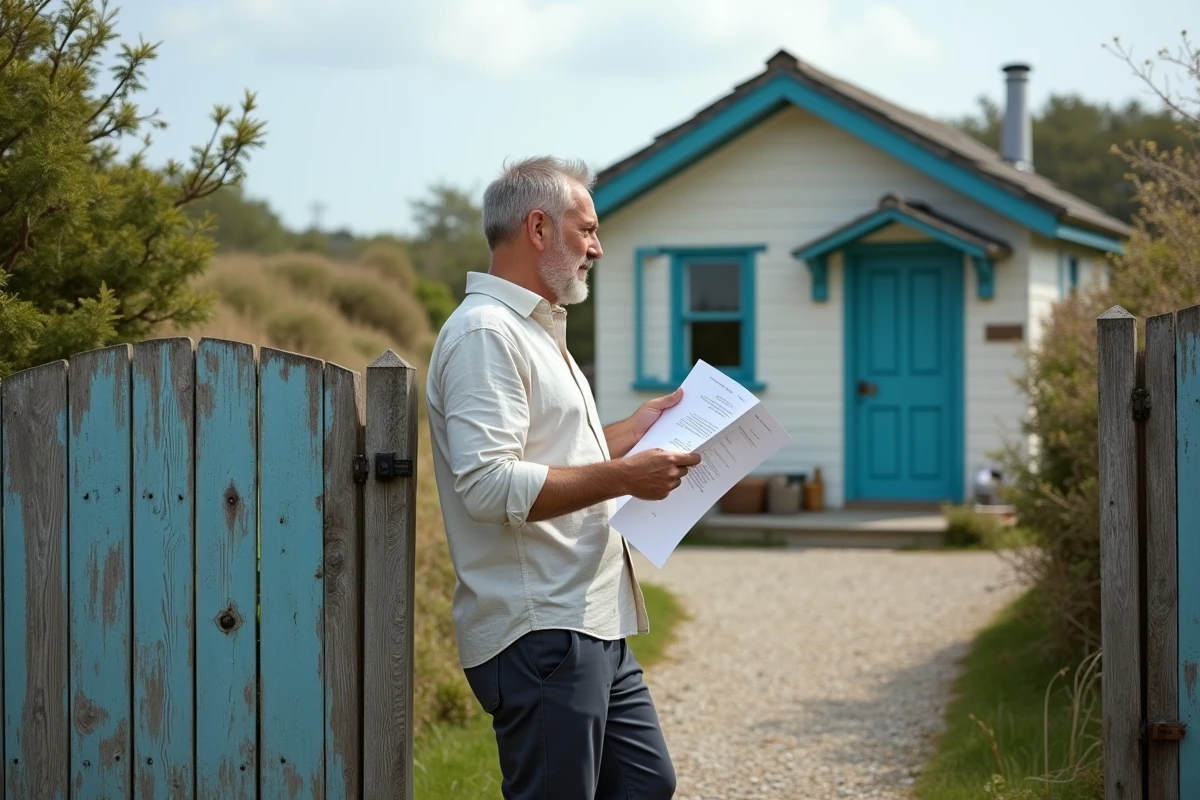 Investisseur immobilier examinant une maison de pêcheur à vendre en bord de mer pour un projet de location saisonnière