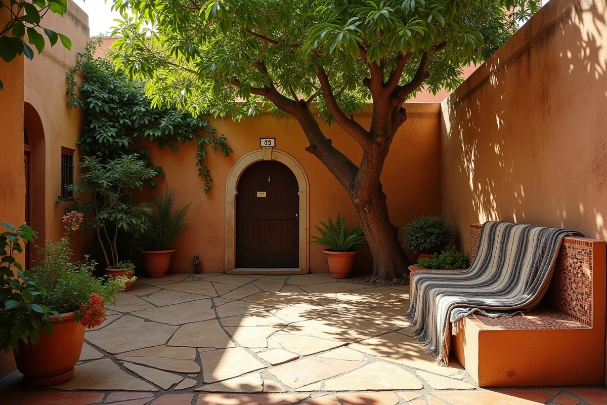 Jardin privé avec arbre et banc dans une maison traditionnelle à louer en longue durée à Essaouira