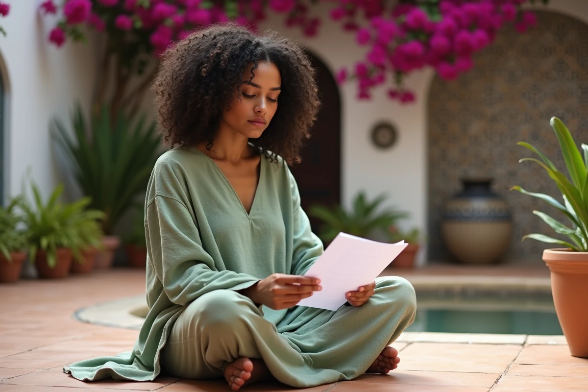Femme consultant des documents de location dans le jardin fleuri d'un riad à Essaouira