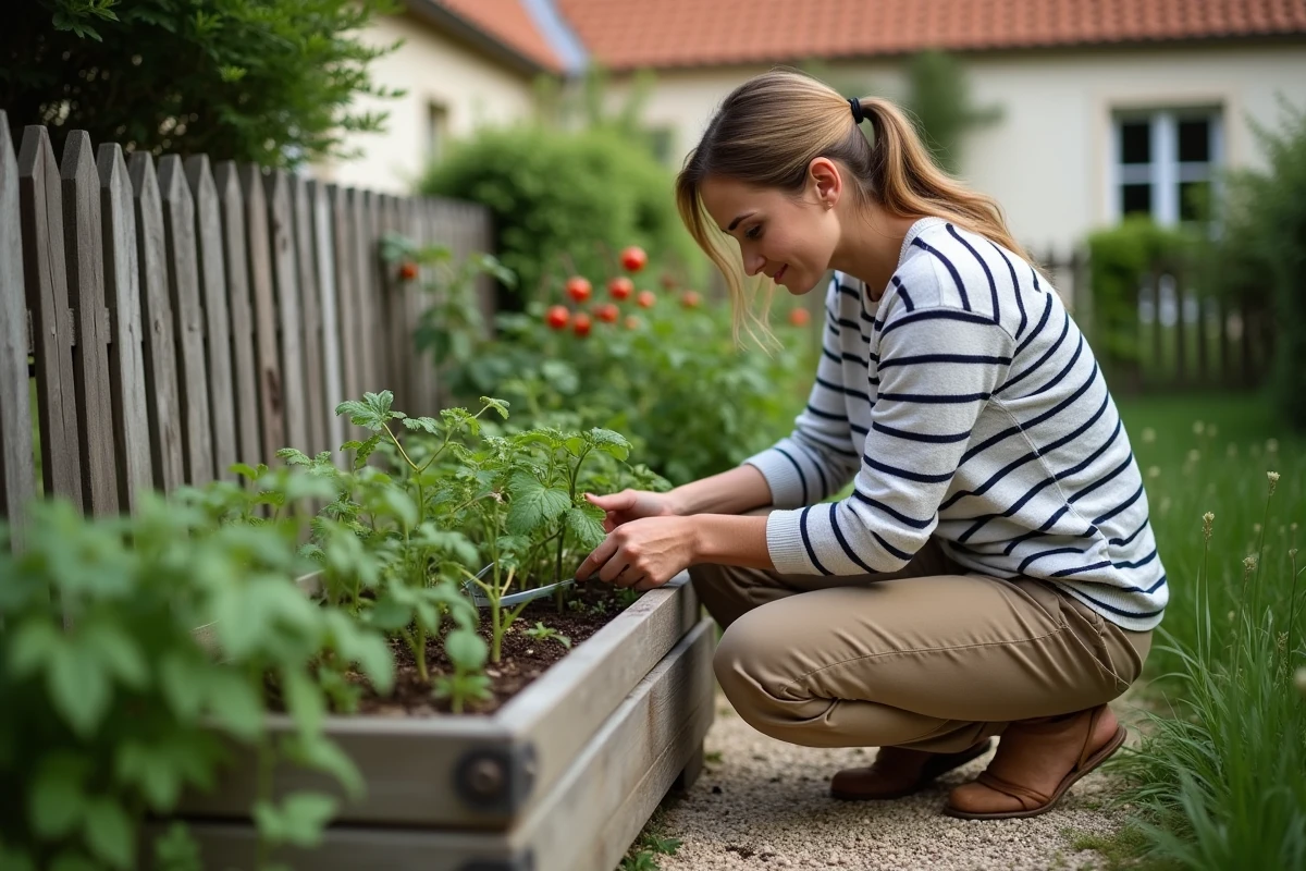 Femme faisant du jardinage dans le jardin d'une maison à louer en Normandie dans le département 27