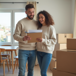 Jeune couple français relisant un document de déménagement