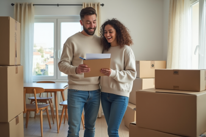 Jeune couple français relisant un document de déménagement