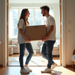 Jeune couple souriant avec carton dans un appartement lumineux