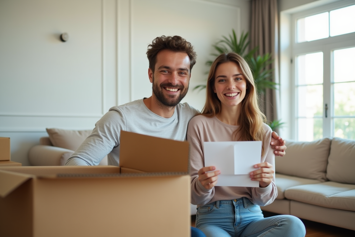 Jeune couple heureux déballant des cartons dans leur nouveau logement lumineux