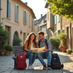 Jeune couple souriant sur un banc dans un village français