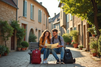 Jeune couple souriant sur un banc dans un village français