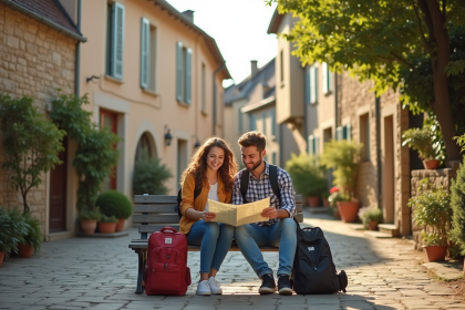 Jeune couple souriant sur un banc dans un village français