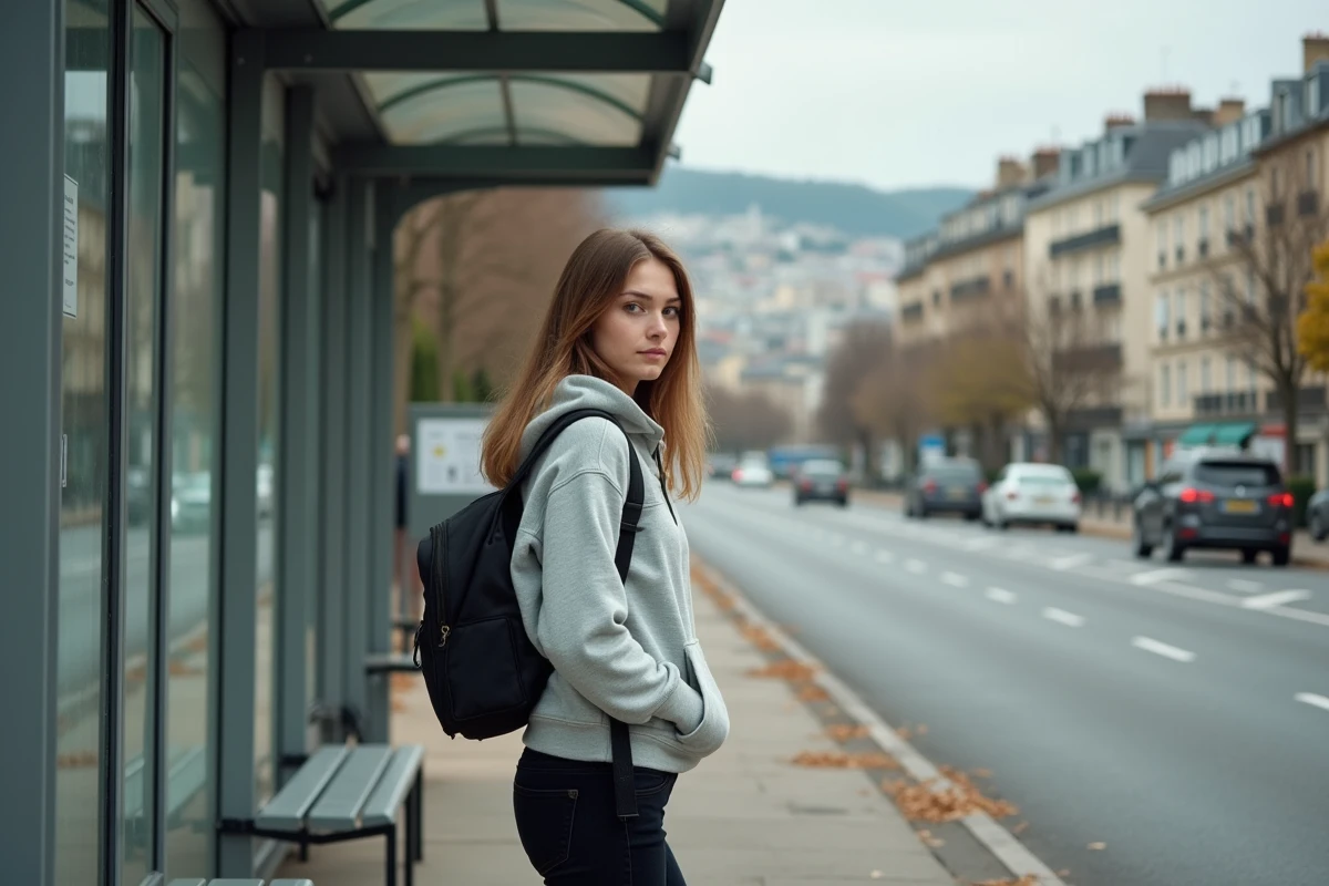 Jeune femme attendant au arrêt de bus dans Mille 9e