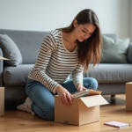 Jeune femme emballant des livres dans une boîte en bois