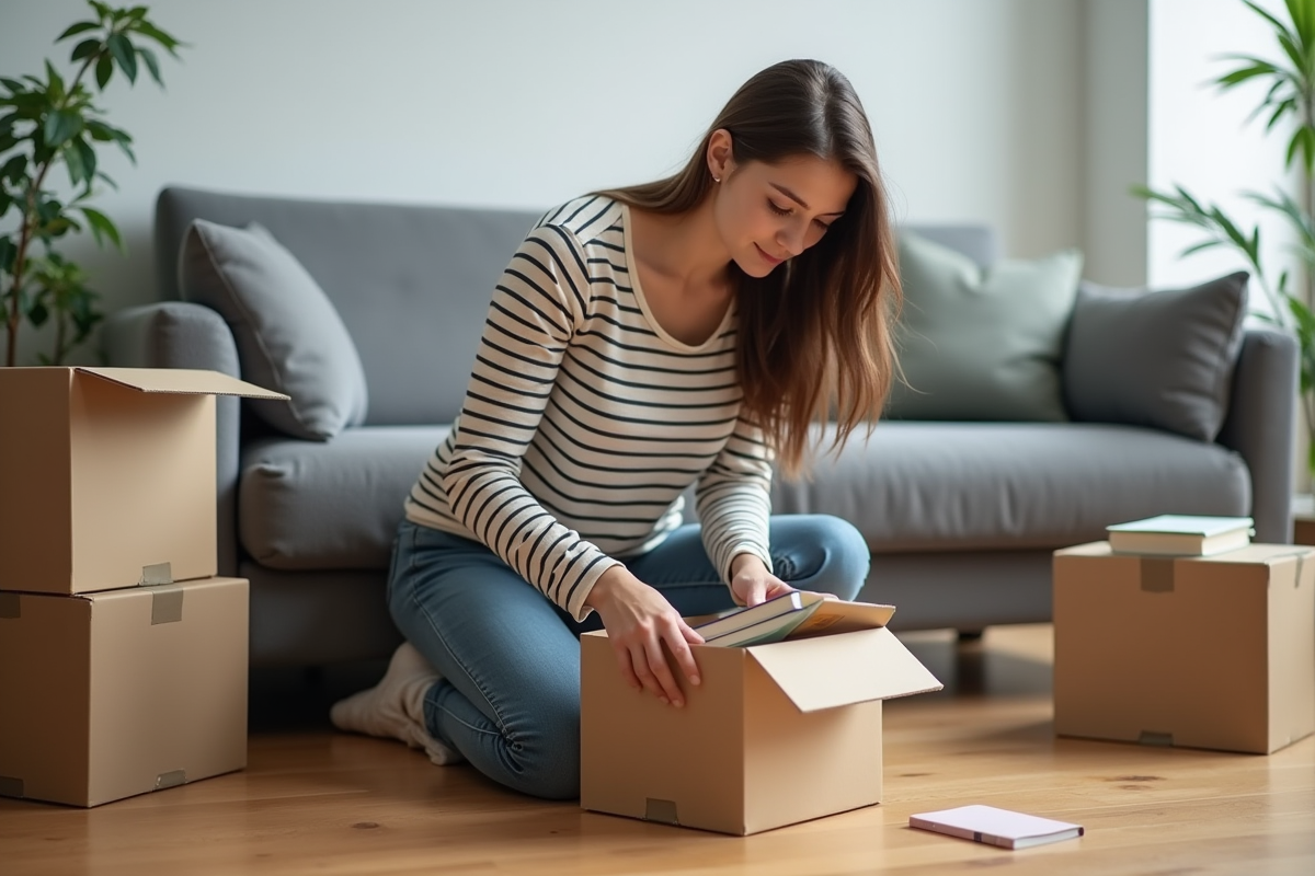 Jeune femme emballant des livres dans une boîte en bois