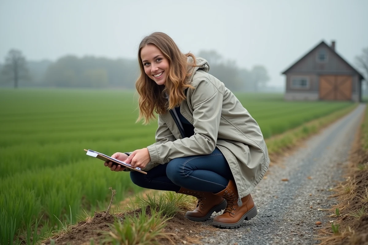 Jeune femme en bottes examine le sol dans un champ rural