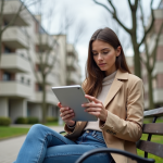 Jeune femme consulte des annonces immobilières dans un parc